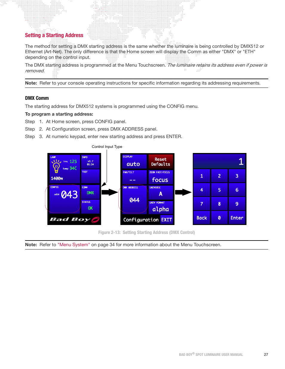 Setting a starting address, Dmx comm | PRG Bad Boy User Manual 1.6 User Manual | Page 35 / 104