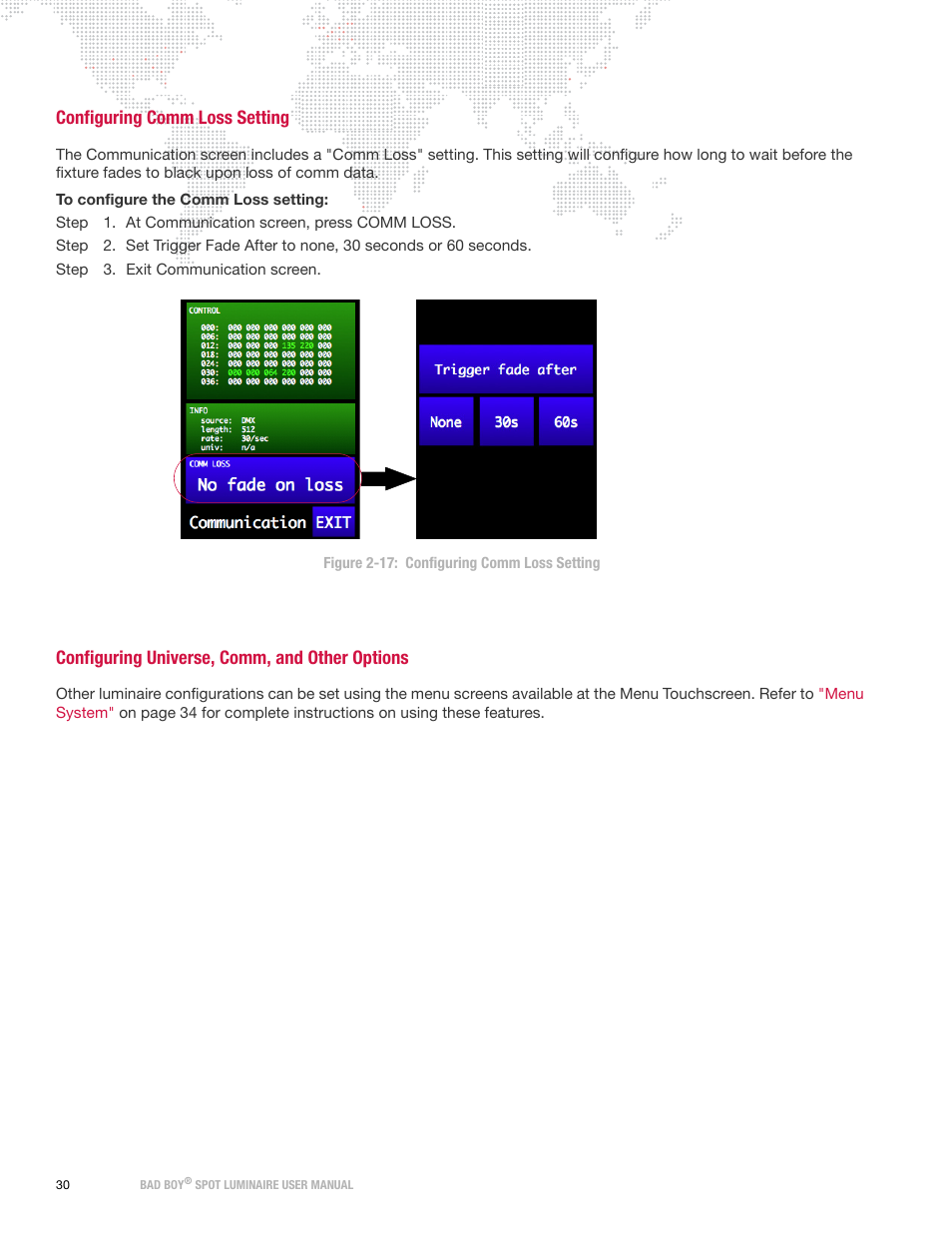 Configuring comm loss setting, Configuring universe, comm, and other options | PRG Bad Boy User Manual 1.6 User Manual | Page 38 / 104