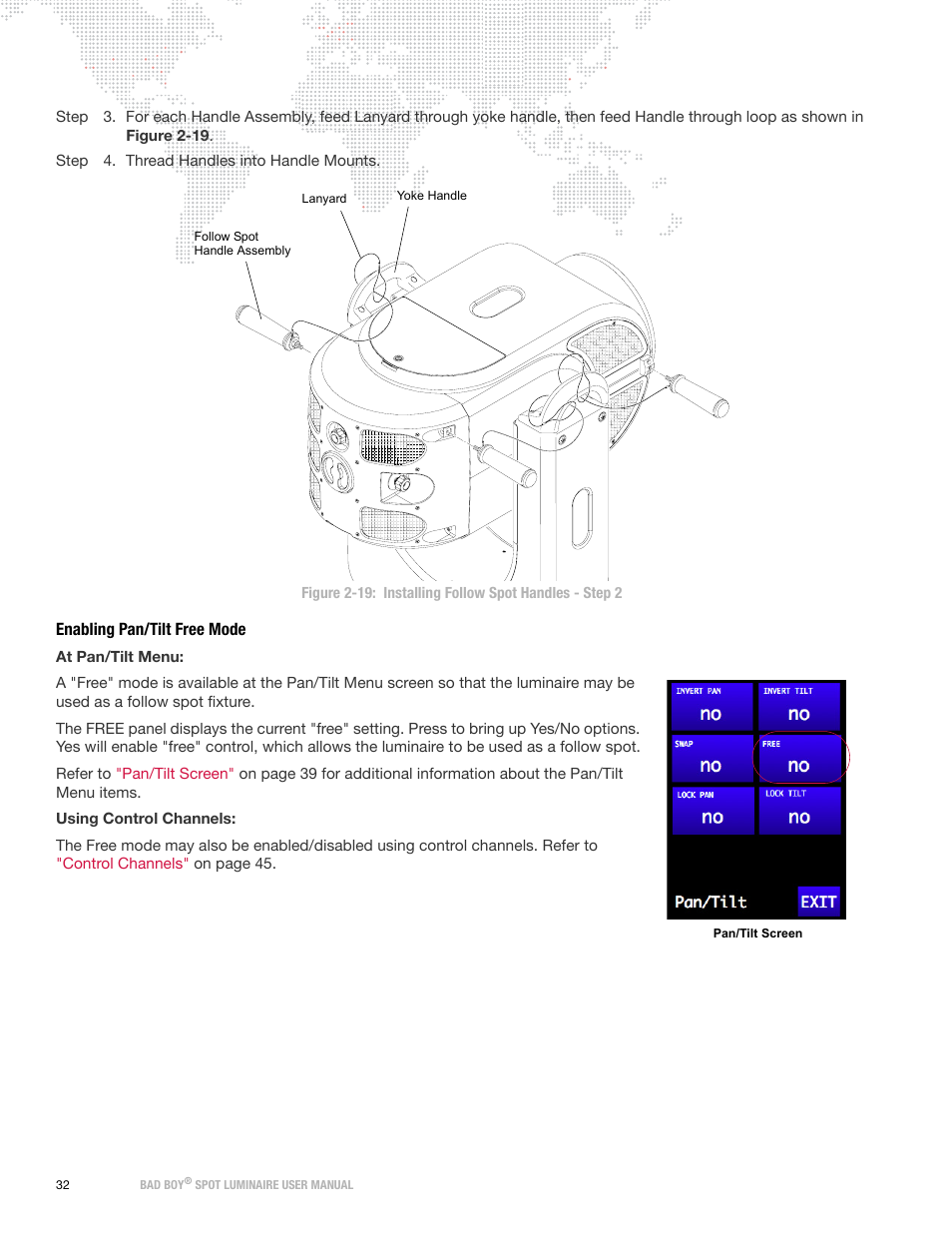 Enabling pan/tilt free mode, Enabling pan/tilt free, Mode | PRG Bad Boy User Manual 1.6 User Manual | Page 40 / 104