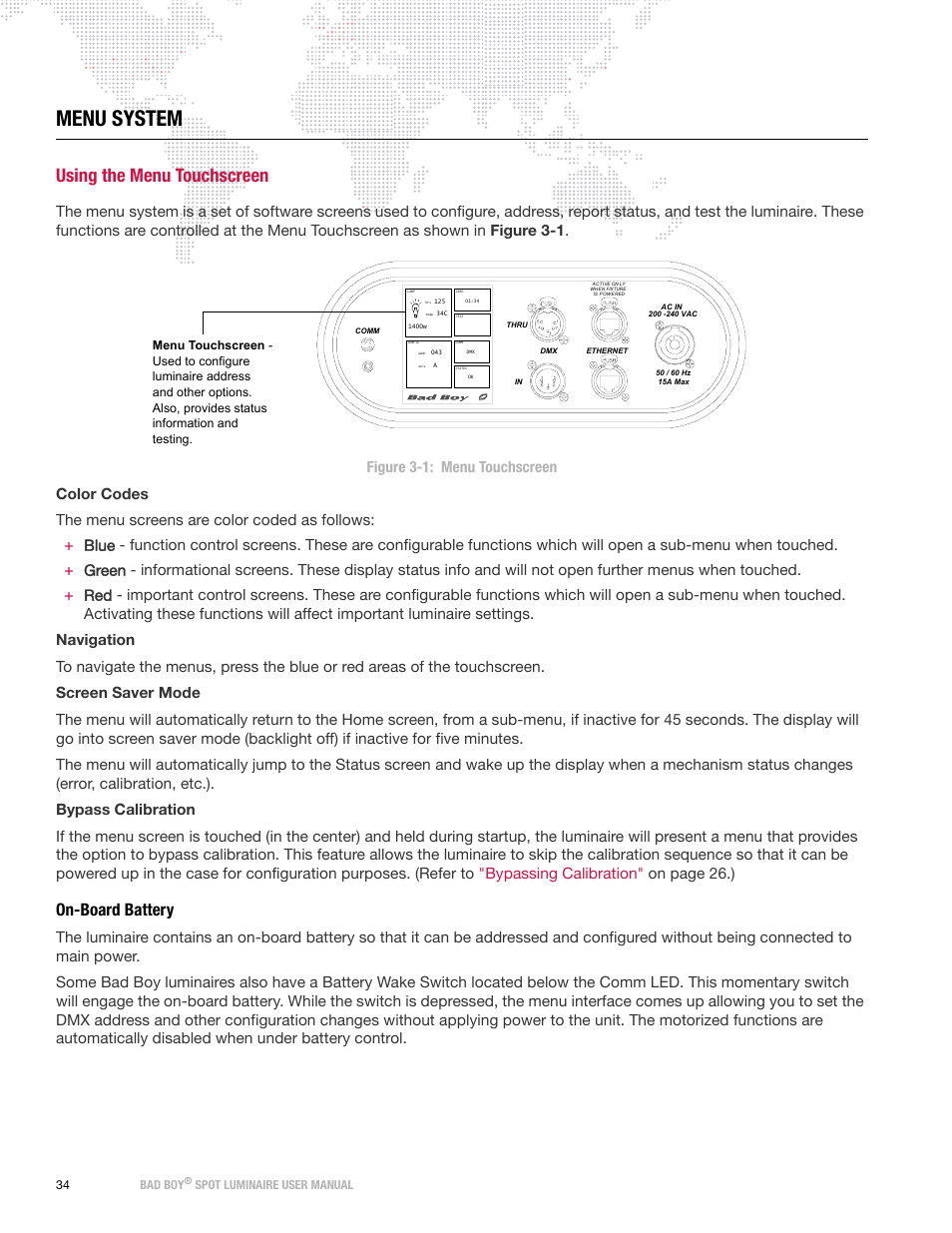Menu system, Using the menu touchscreen, On-board battery | Refer to | PRG Bad Boy User Manual 1.6 User Manual | Page 42 / 104