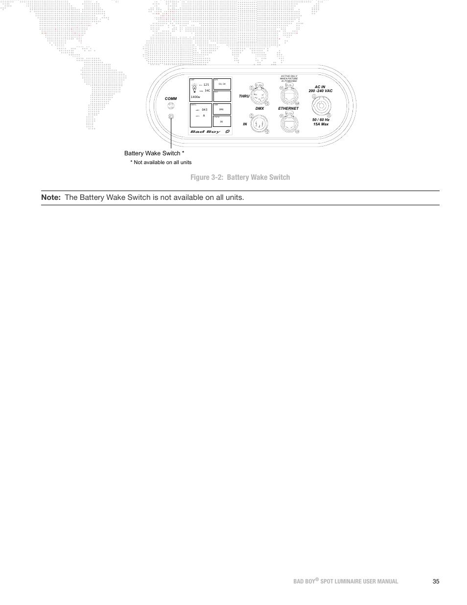 Bad boy, Spot luminaire user manual 35, Battery wake switch | Not available on all units | PRG Bad Boy User Manual 1.6 User Manual | Page 43 / 104