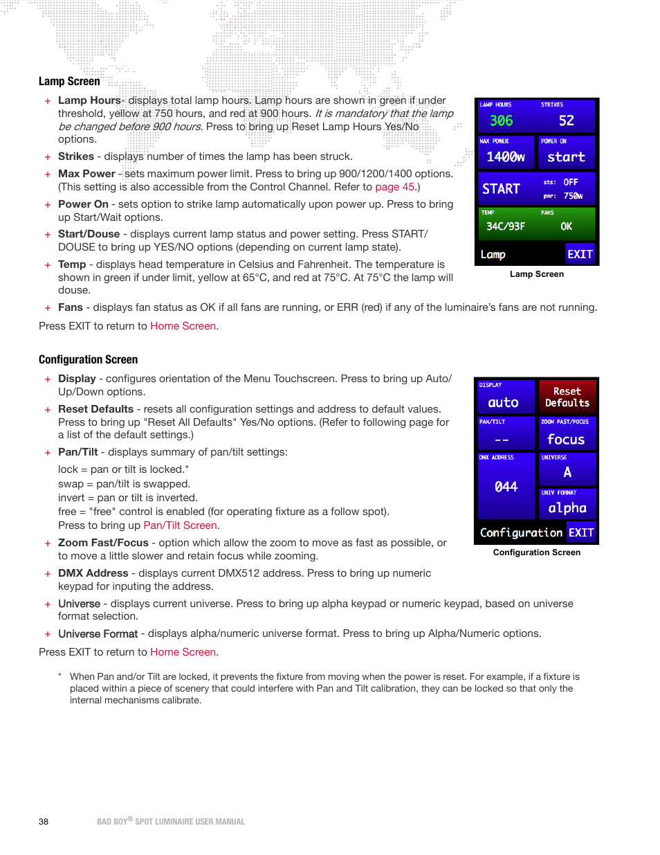 Lamp screen, Configuration screen, Lamp screen configuration screen | PRG Bad Boy User Manual 1.6 User Manual | Page 46 / 104