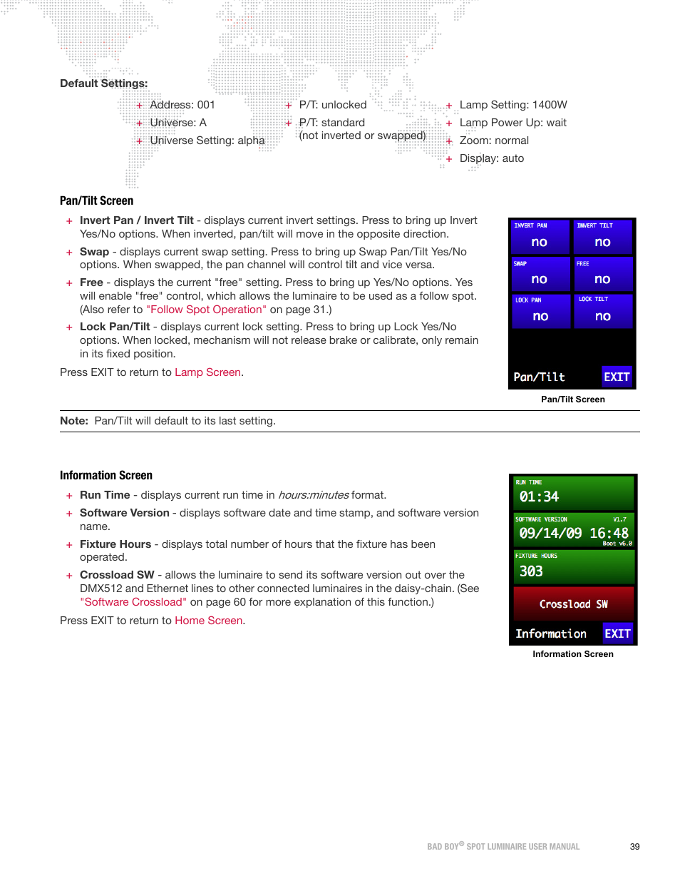 Pan/tilt screen, Information screen, Pan/tilt screen information screen | PRG Bad Boy User Manual 1.6 User Manual | Page 47 / 104