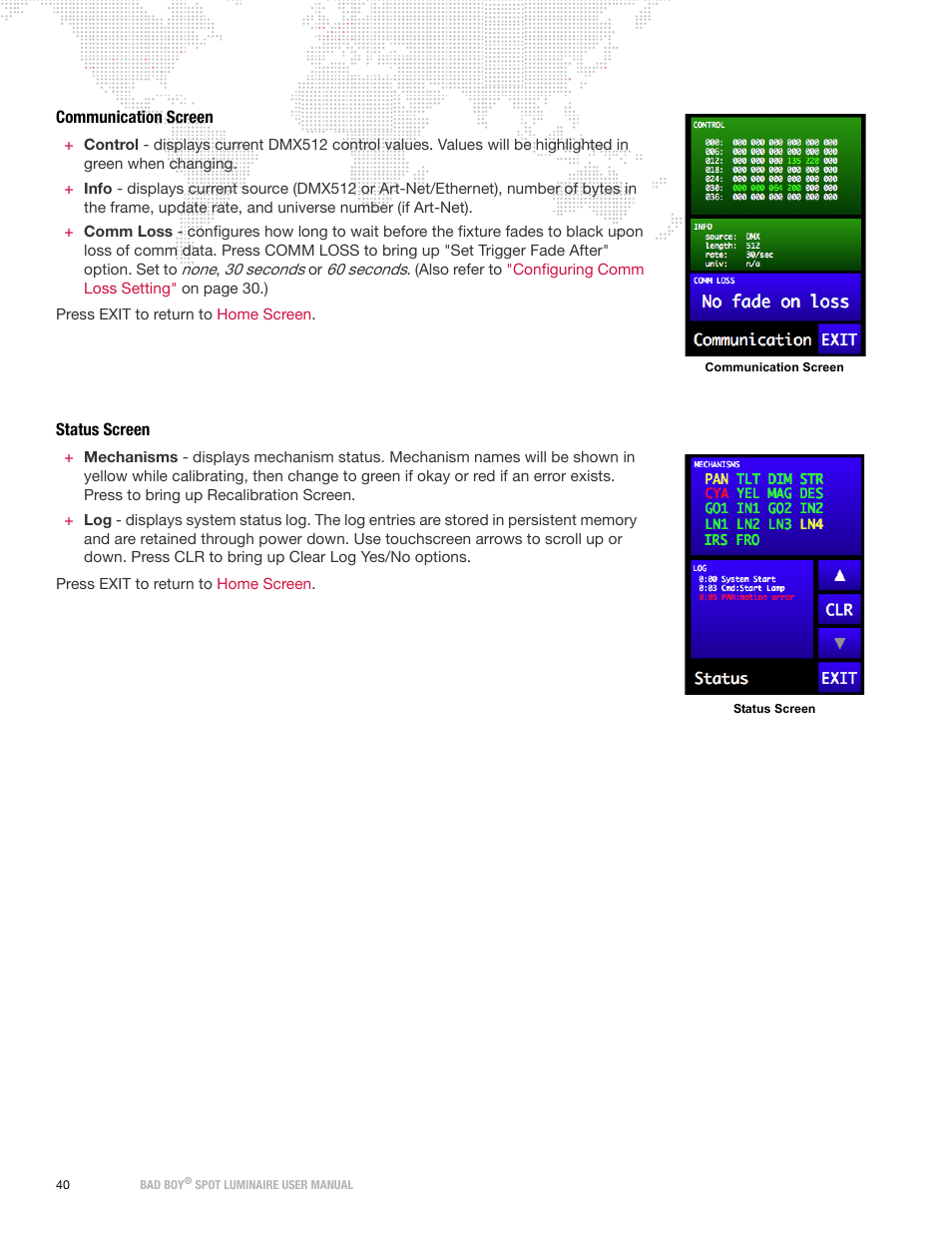 Communication screen, Status screen, Communication screen status screen | PRG Bad Boy User Manual 1.6 User Manual | Page 48 / 104