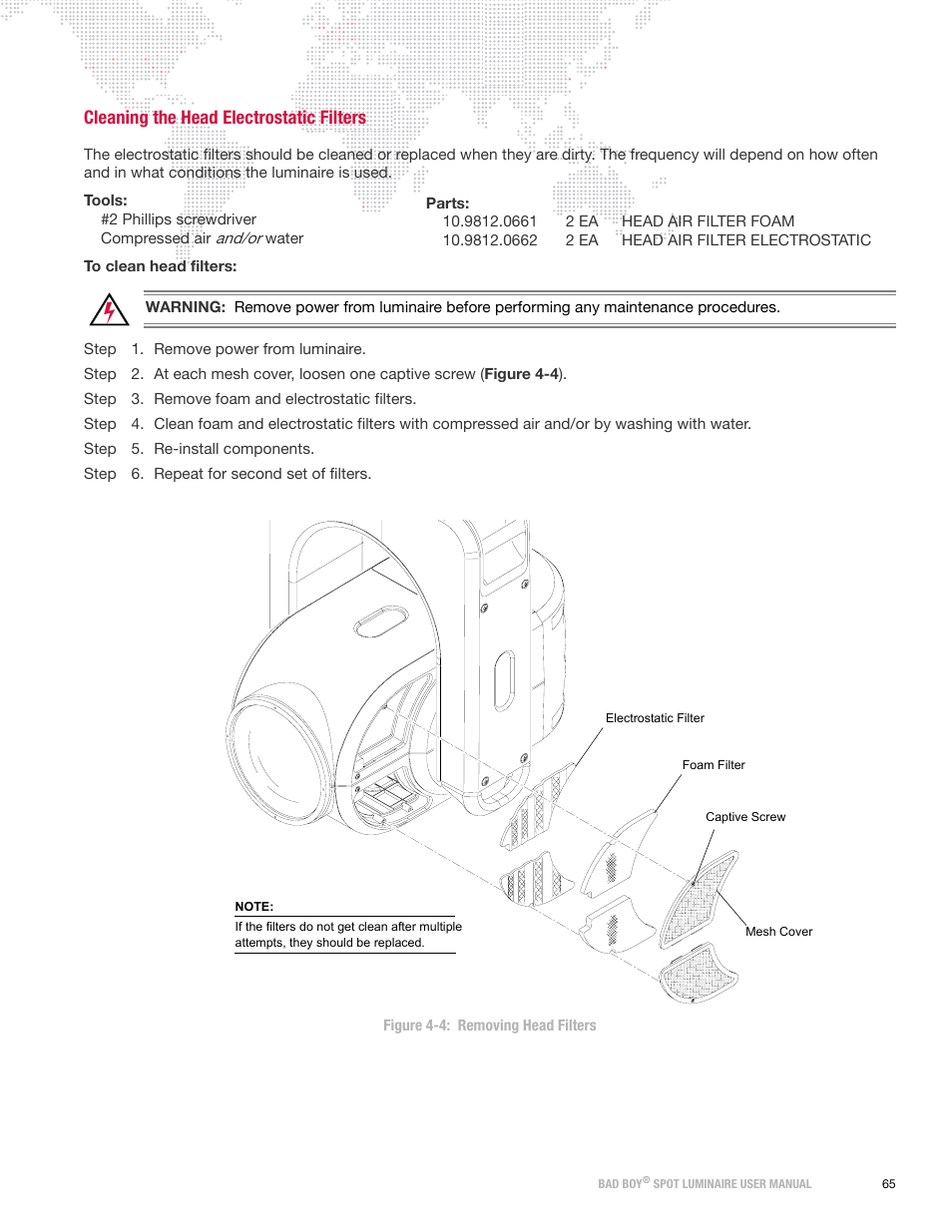 Cleaning the head electrostatic filters | PRG Bad Boy User Manual 1.6 User Manual | Page 73 / 104