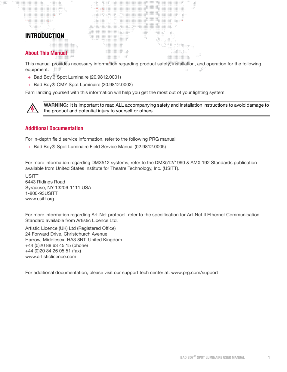 Introduction, About this manual, Additional documentation | About this manual additional documentation | PRG Bad Boy User Manual 1.6 User Manual | Page 9 / 104