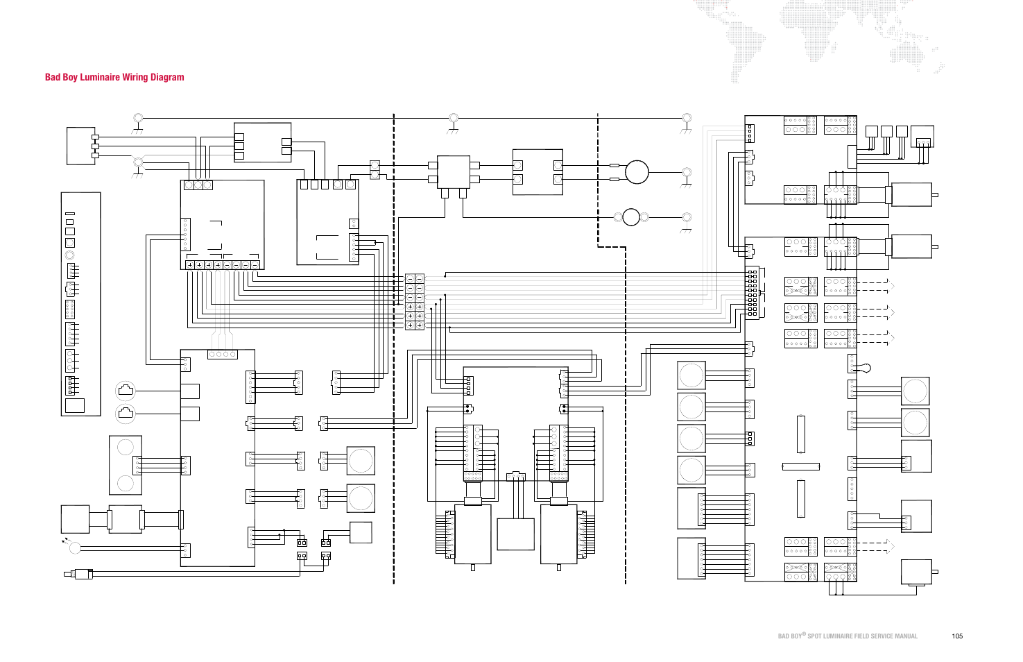 Wiring diagrams, Bad boy luminaire wiring diagram, Head | Yoke, Yoke chassis head yoke chassis yoke, Bad boy, Spot luminaire field service manual 105, Connector legend mother board pcb bad boy wheel, Arc ignitor pcb, Arc lamp | PRG Bad Boy Field Service Manual User Manual | Page 113 / 115