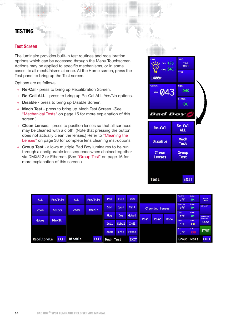 Testing, Test screen | PRG Bad Boy Field Service Manual User Manual | Page 22 / 115