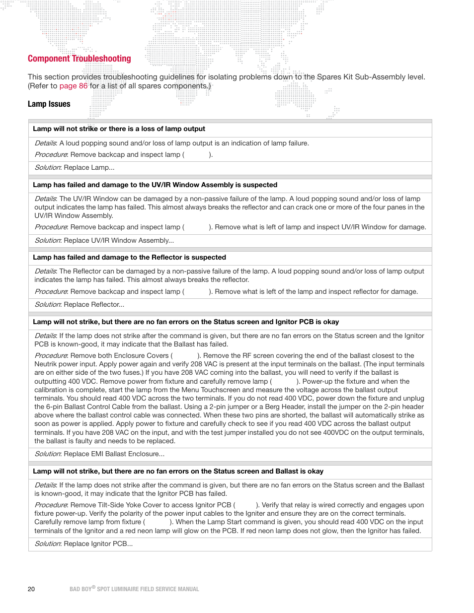 Component troubleshooting, Lamp issues | PRG Bad Boy Field Service Manual User Manual | Page 28 / 115