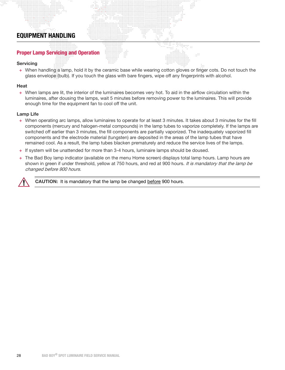 Equipment handling, Proper lamp servicing and operation | PRG Bad Boy Field Service Manual User Manual | Page 36 / 115