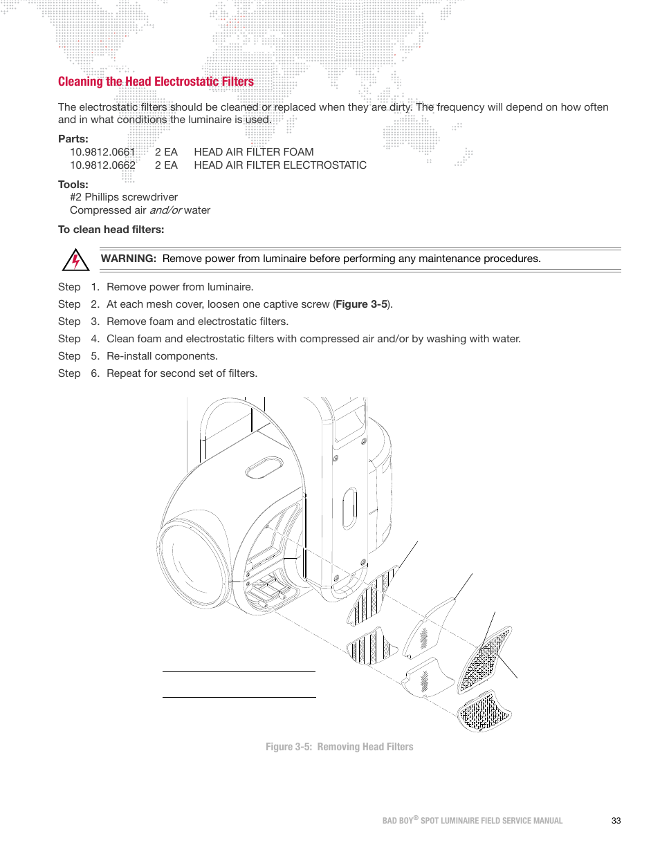 Cleaning the head electrostatic filters | PRG Bad Boy Field Service Manual User Manual | Page 41 / 115