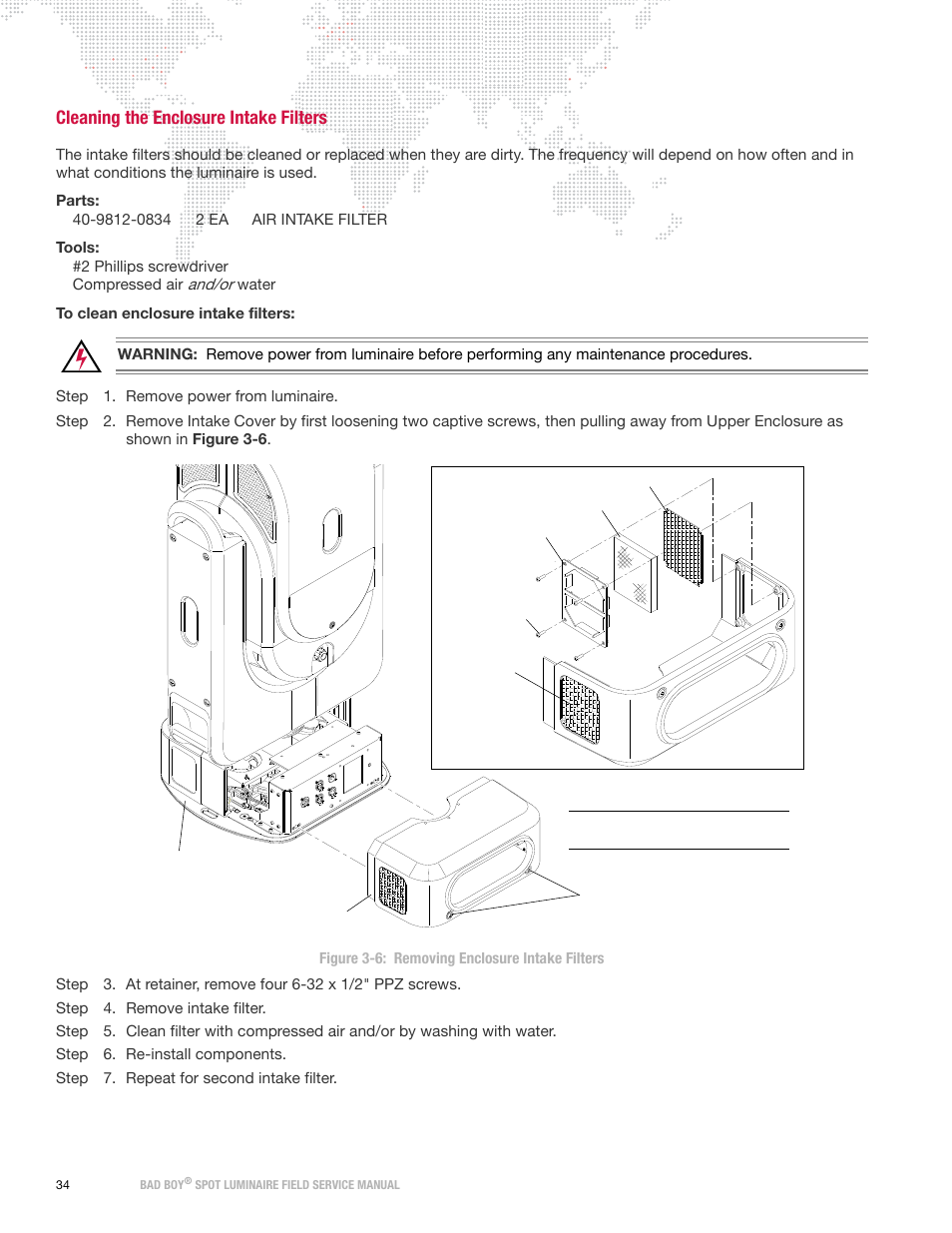 Cleaning the enclosure intake filters | PRG Bad Boy Field Service Manual User Manual | Page 42 / 115