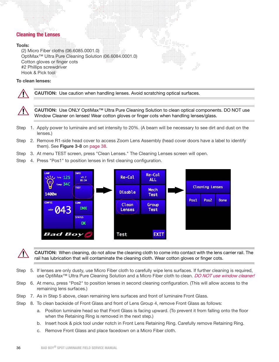 Cleaning the lenses, Cleaning the, Lenses | PRG Bad Boy Field Service Manual User Manual | Page 44 / 115