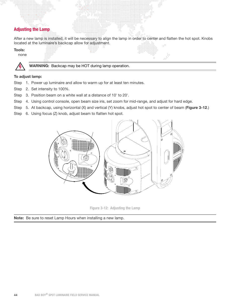 Adjusting the lamp | PRG Bad Boy Field Service Manual User Manual | Page 52 / 115