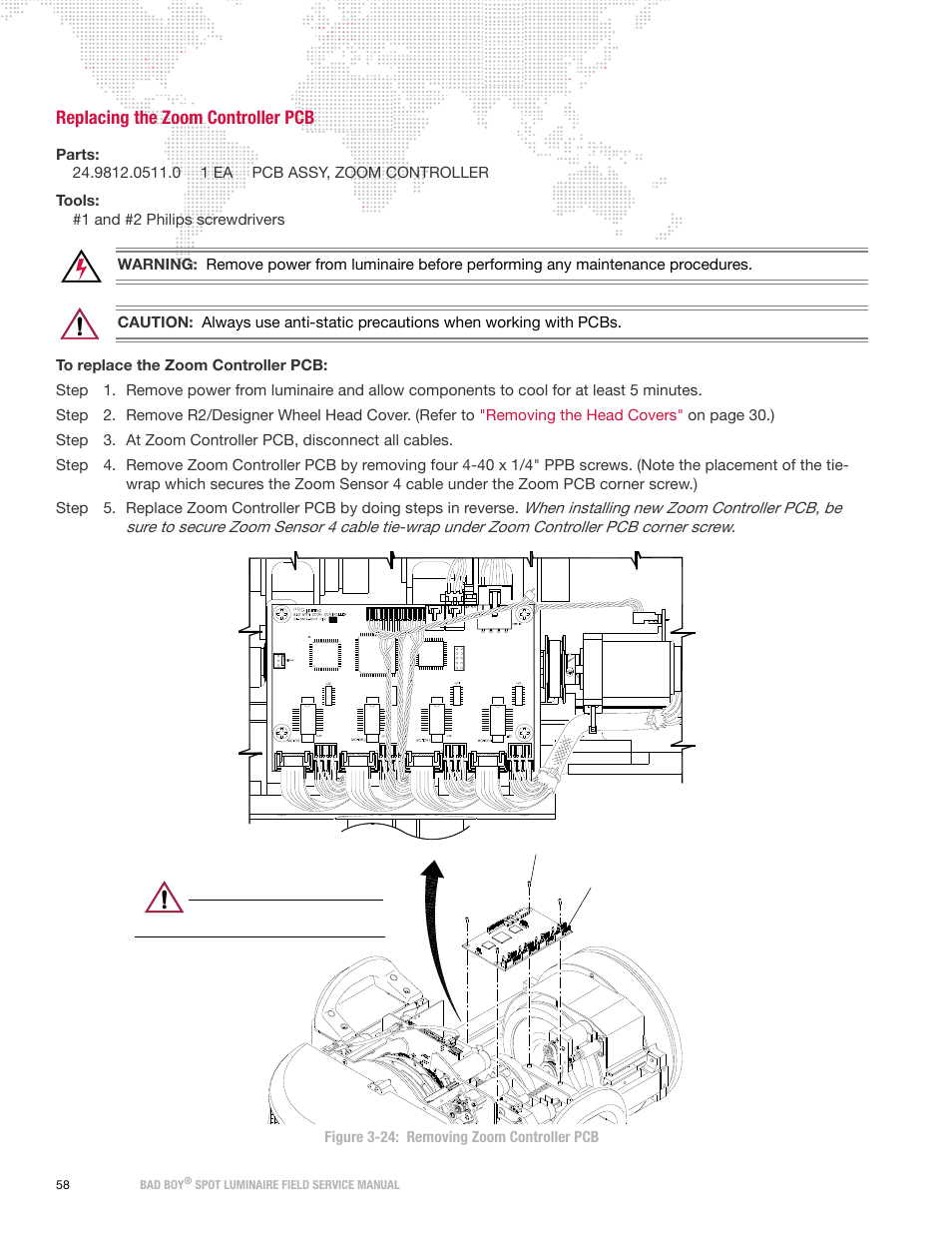 Replacing the zoom controller pcb, Figure 3-24: removing zoom controller pcb | PRG Bad Boy Field Service Manual User Manual | Page 66 / 115