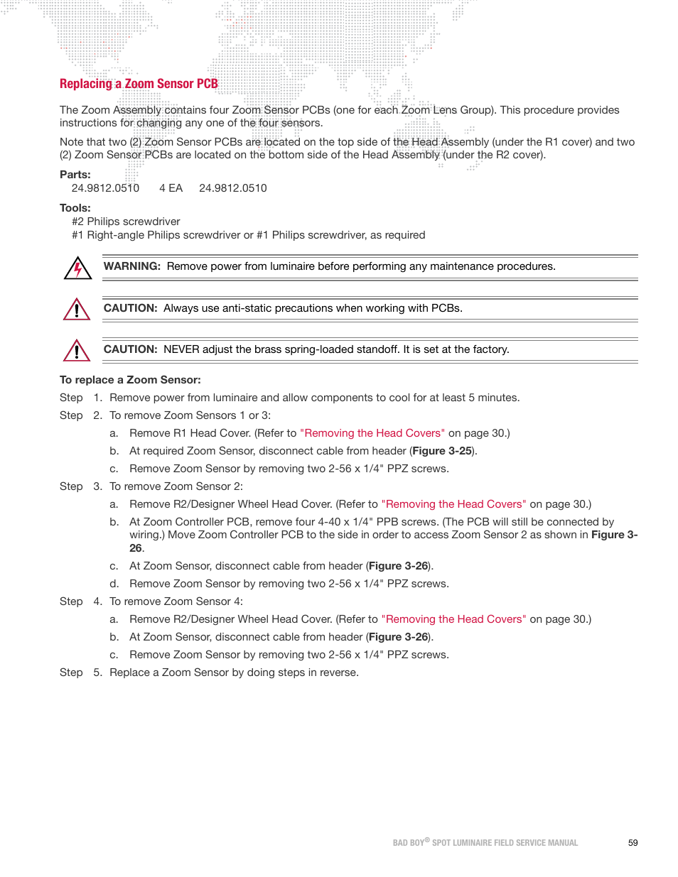 Replacing a zoom sensor pcb | PRG Bad Boy Field Service Manual User Manual | Page 67 / 115