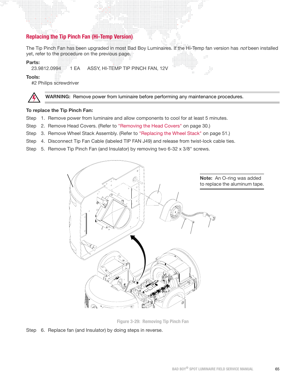 Replacing the tip pinch fan (hi-temp version) | PRG Bad Boy Field Service Manual User Manual | Page 73 / 115