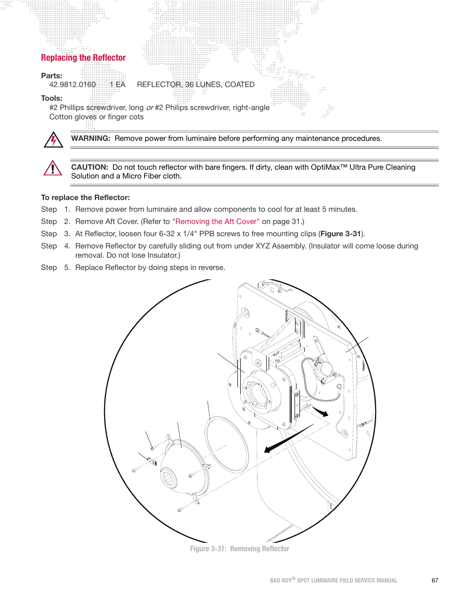 Replacing the reflector | PRG Bad Boy Field Service Manual User Manual | Page 75 / 115