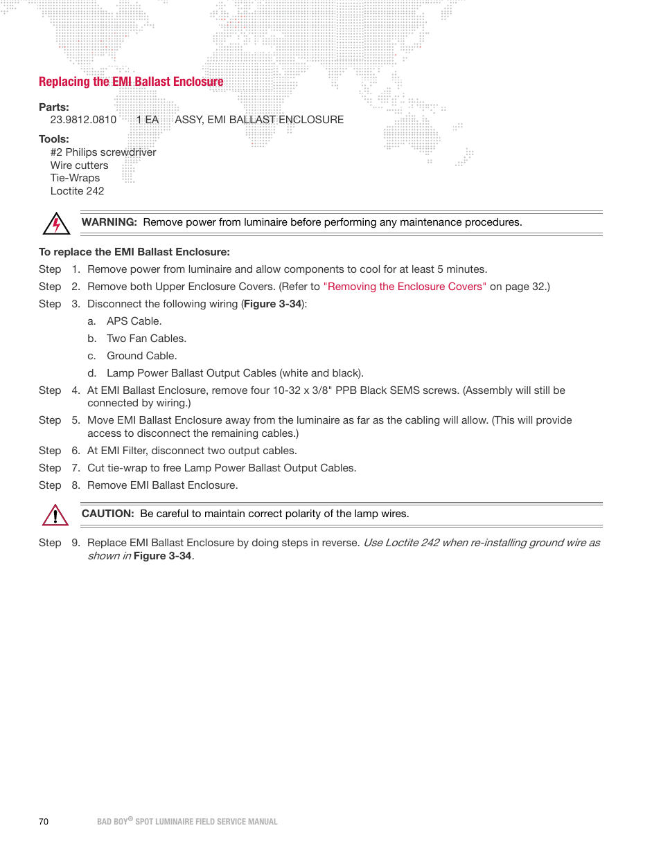 Replacing the emi ballast enclosure | PRG Bad Boy Field Service Manual User Manual | Page 78 / 115