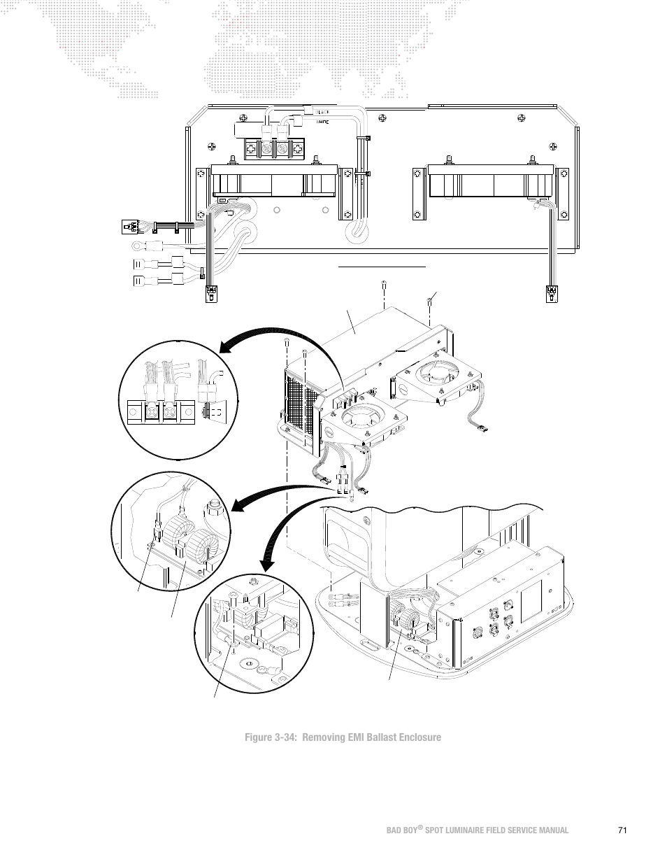 Figure 3-34, Figure 3-34: removing emi ballast enclosure, Bad boy | Spot luminaire field service manual 71, Ground (loctite 242), Emi filter, Emi output cables | PRG Bad Boy Field Service Manual User Manual | Page 79 / 115