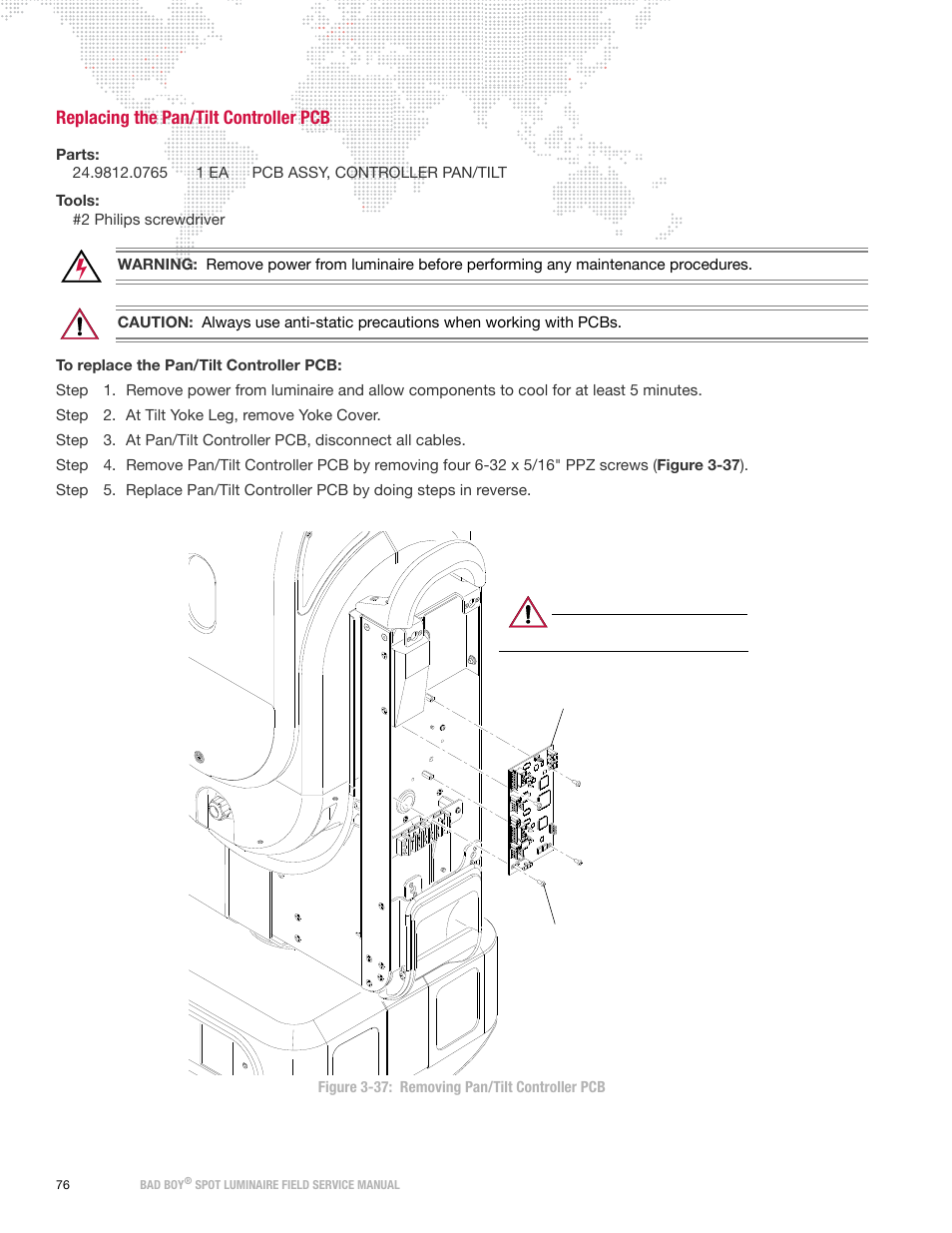 Replacing the pan/tilt controller pcb | PRG Bad Boy Field Service Manual User Manual | Page 84 / 115