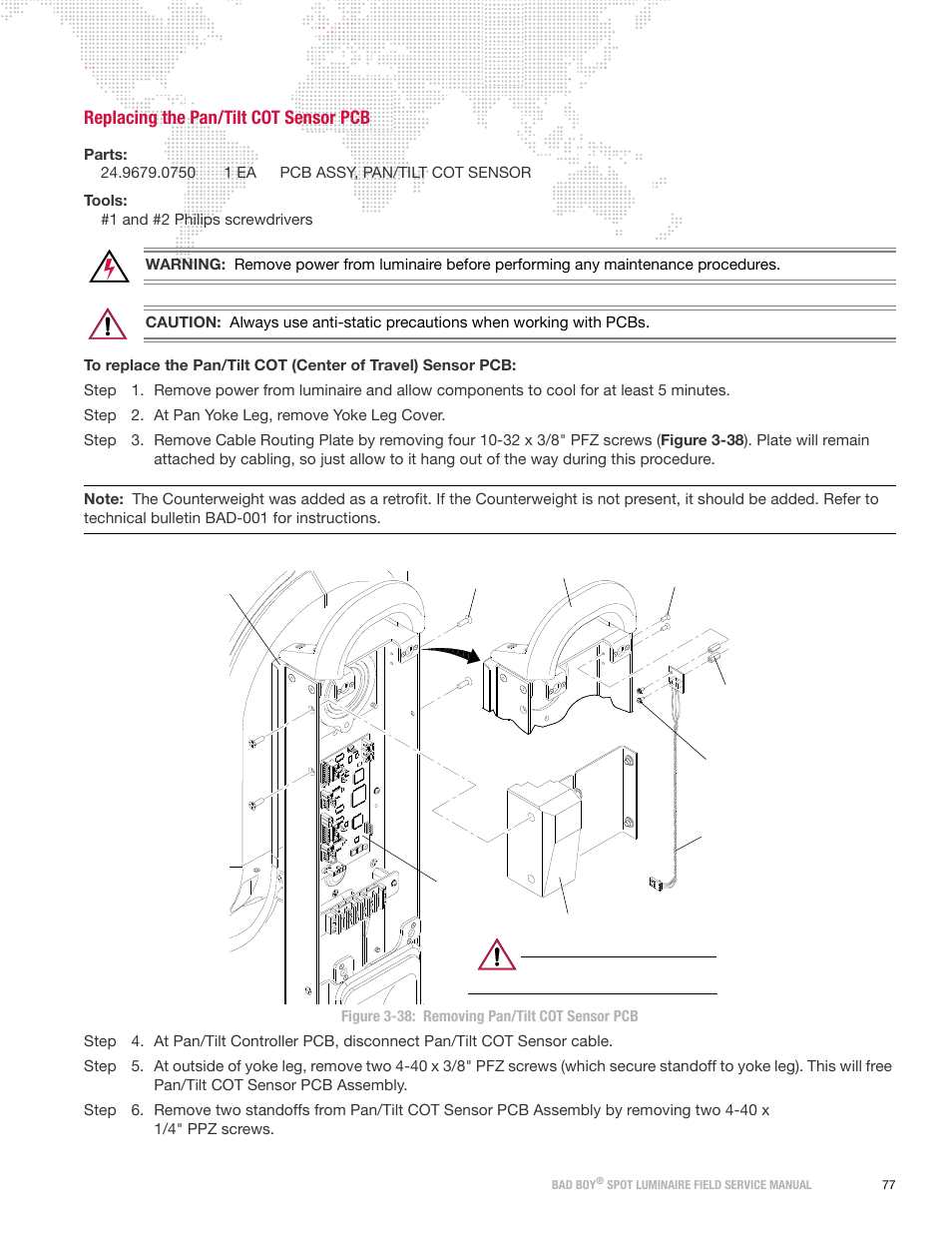 Replacing the pan/tilt cot sensor pcb | PRG Bad Boy Field Service Manual User Manual | Page 85 / 115