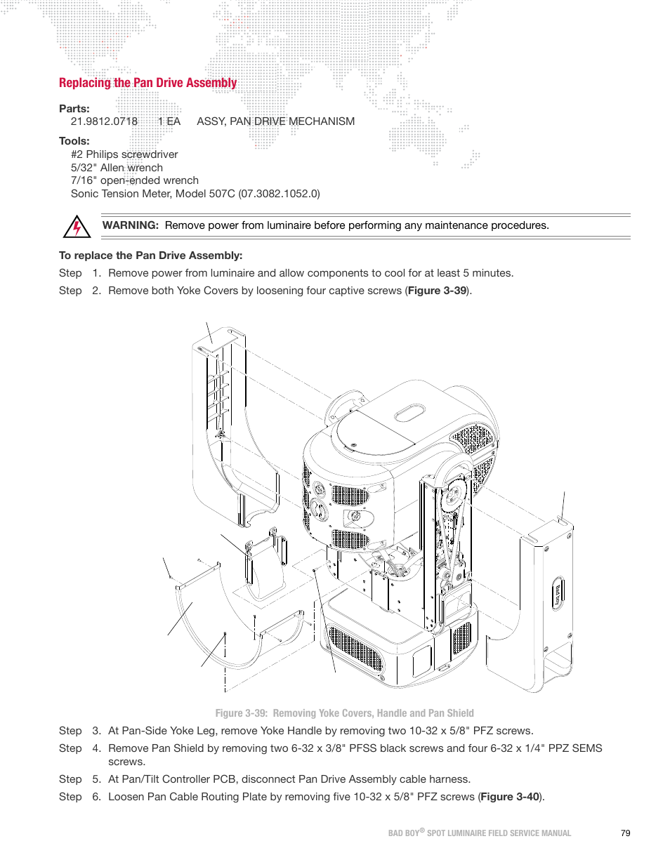 Replacing the pan drive assembly | PRG Bad Boy Field Service Manual User Manual | Page 87 / 115