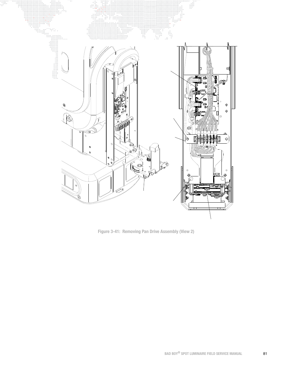 Figure 3-41: removing pan drive assembly (view 2), Bad boy, Spot luminaire field service manual 81 | PRG Bad Boy Field Service Manual User Manual | Page 89 / 115