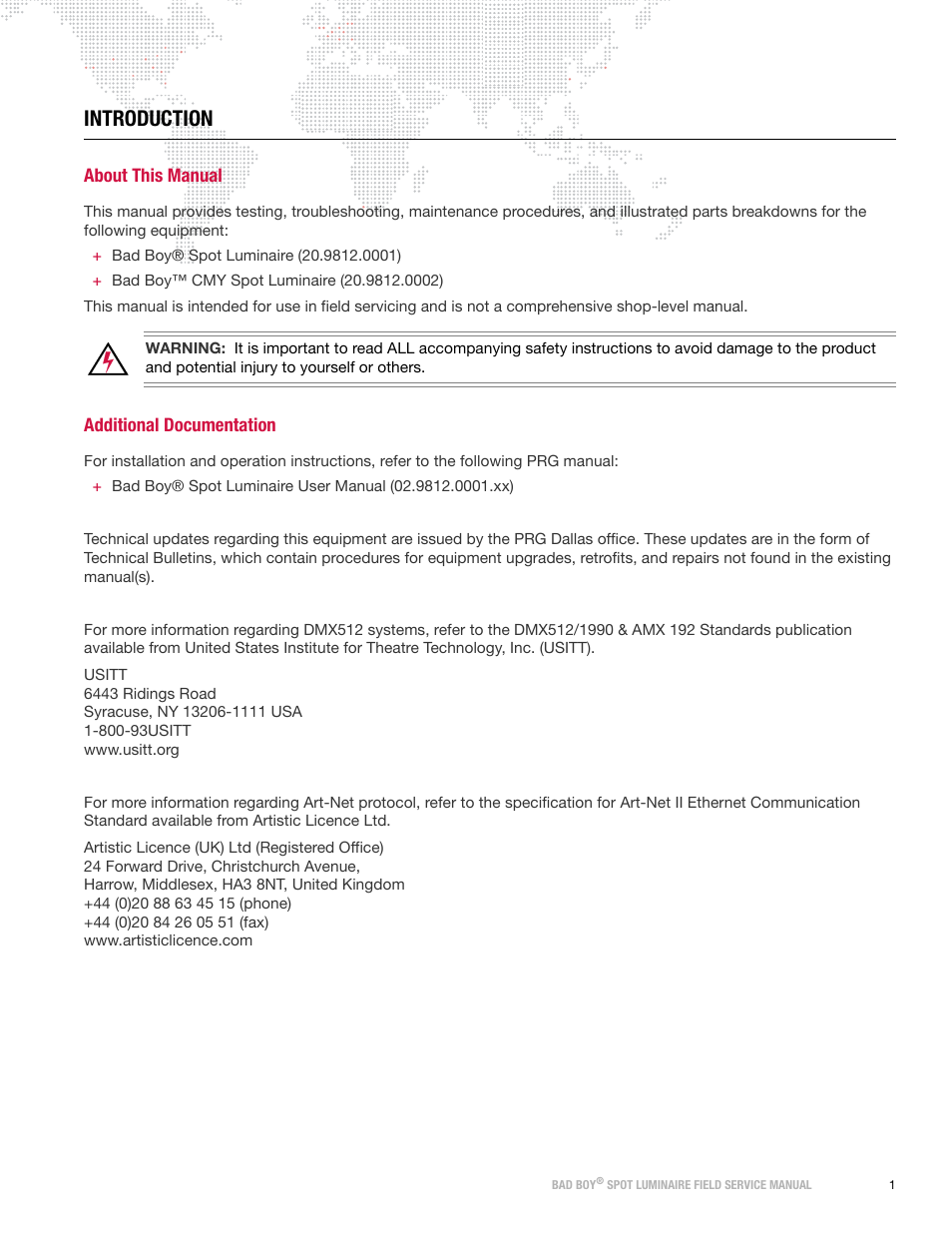 Introduction, About this manual, Additional documentation | About this manual additional documentation | PRG Bad Boy Field Service Manual User Manual | Page 9 / 115