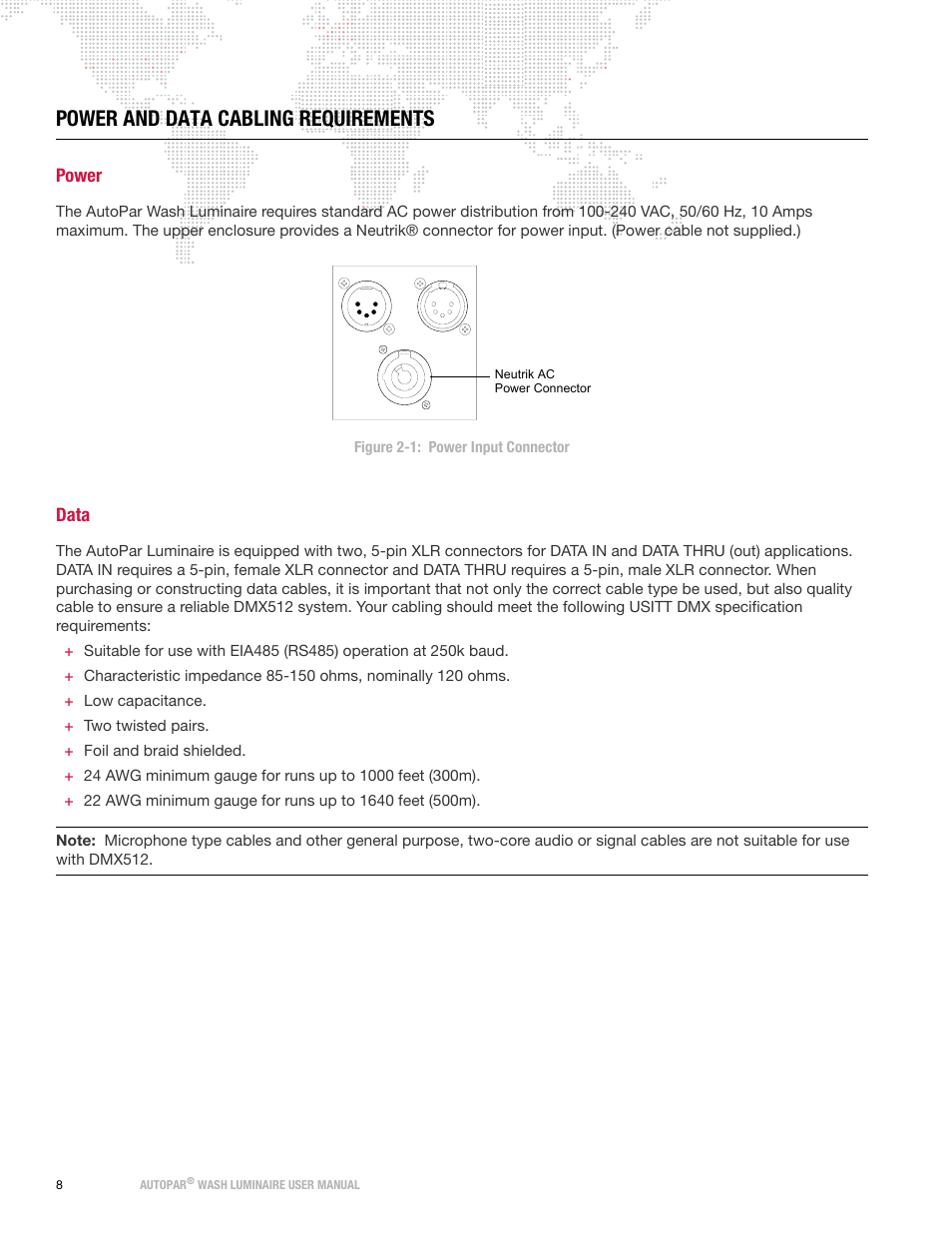 Power and data cabling requirements, Power, Data | Power data | PRG AutoPar User Manual 2.1 User Manual | Page 16 / 48