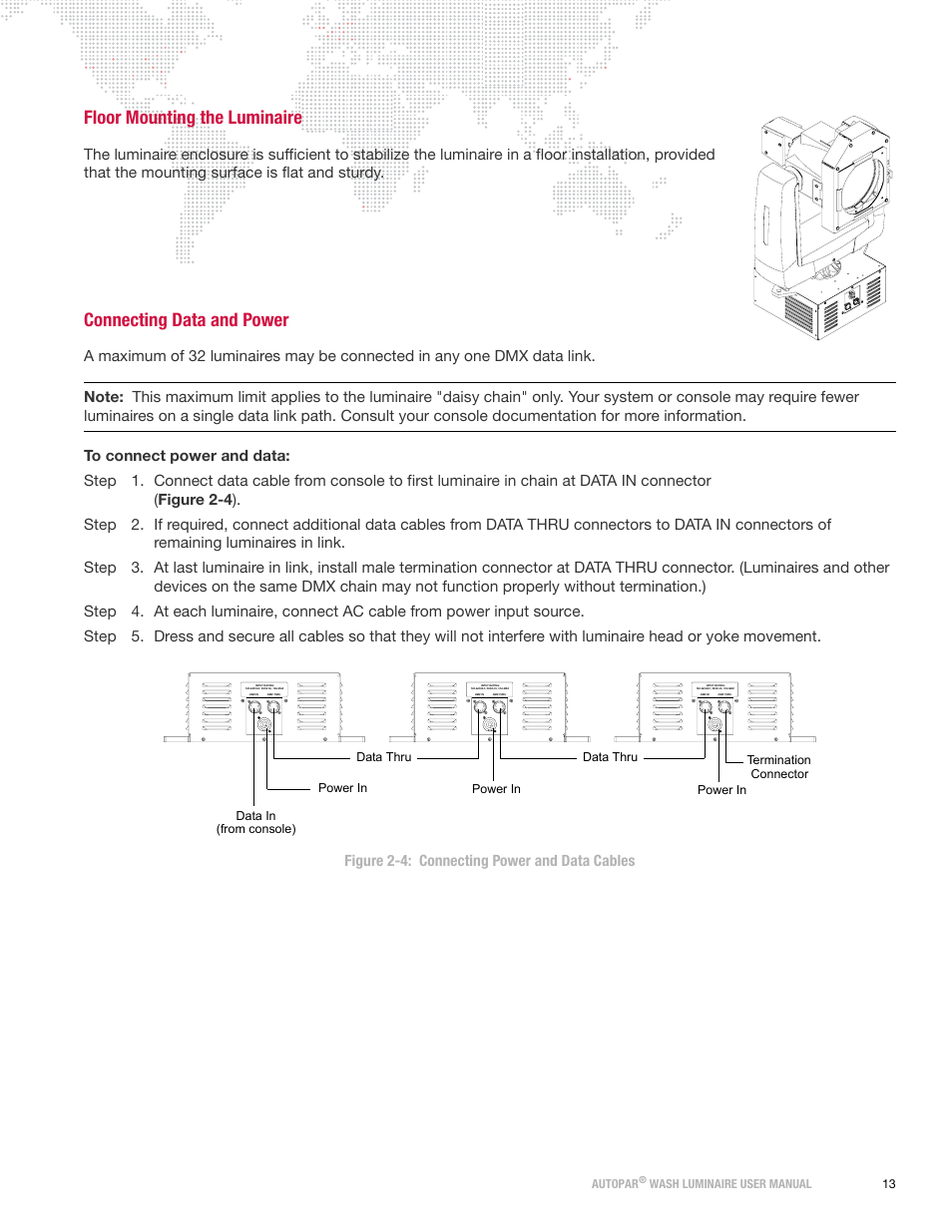 Floor mounting the luminaire, Connecting data and power | PRG AutoPar User Manual 2.1 User Manual | Page 21 / 48