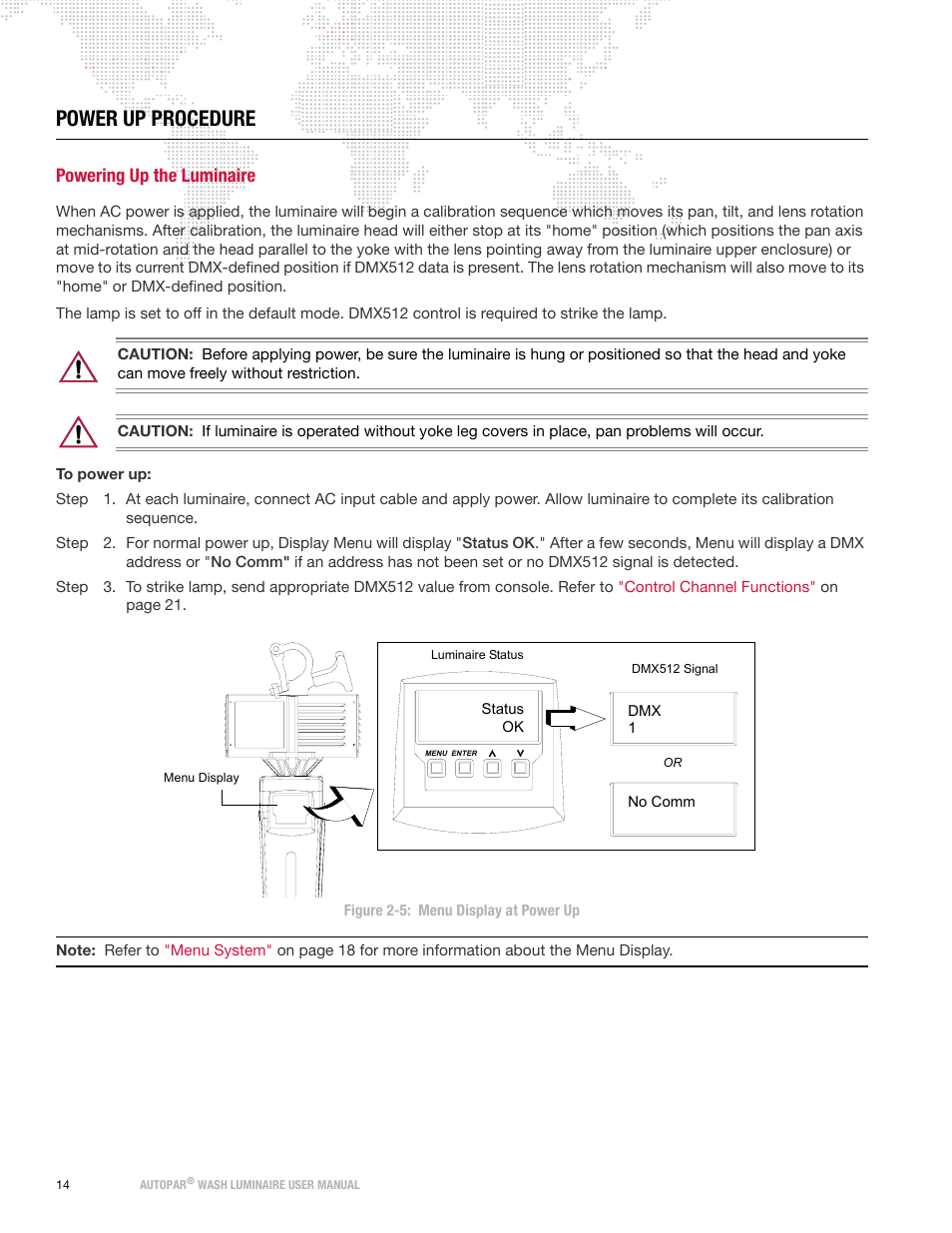 Power up procedure, Powering up the luminaire | PRG AutoPar User Manual 2.1 User Manual | Page 22 / 48