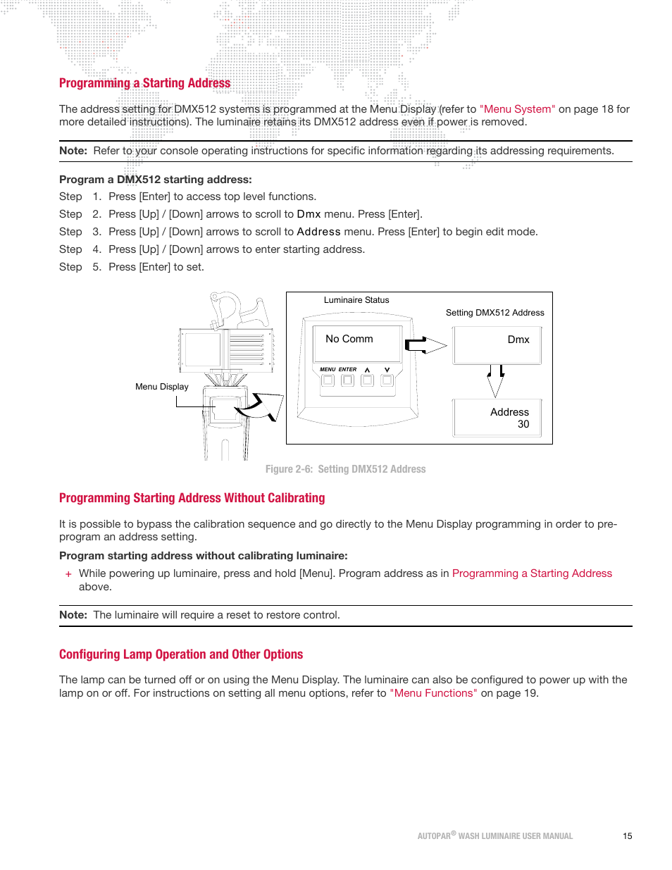 Programming a starting address, Programming starting address without calibrating, Configuring lamp operation and other options | PRG AutoPar User Manual 2.1 User Manual | Page 23 / 48