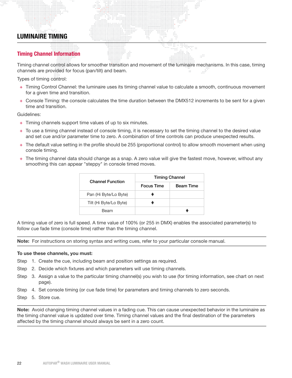 Luminaire timing, Timing channel information | PRG AutoPar User Manual 2.1 User Manual | Page 30 / 48