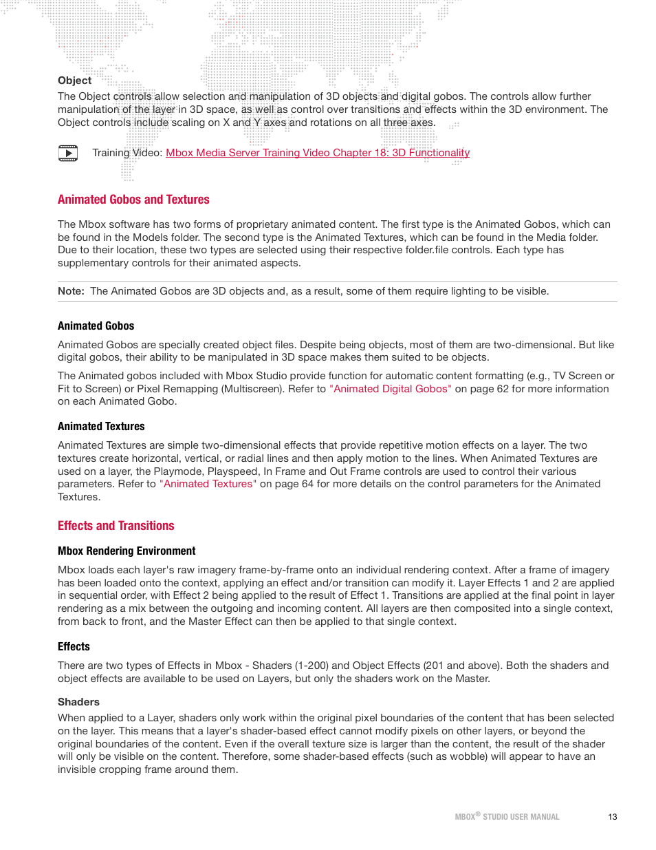 Animated gobos and textures, Animated gobos, Animated textures | Effects and transitions, Mbox rendering environment, Effects, Animated gobos animated textures, Mbox rendering environment effects | PRG Mbox Studio Manual 3.9 User Manual | Page 21 / 158