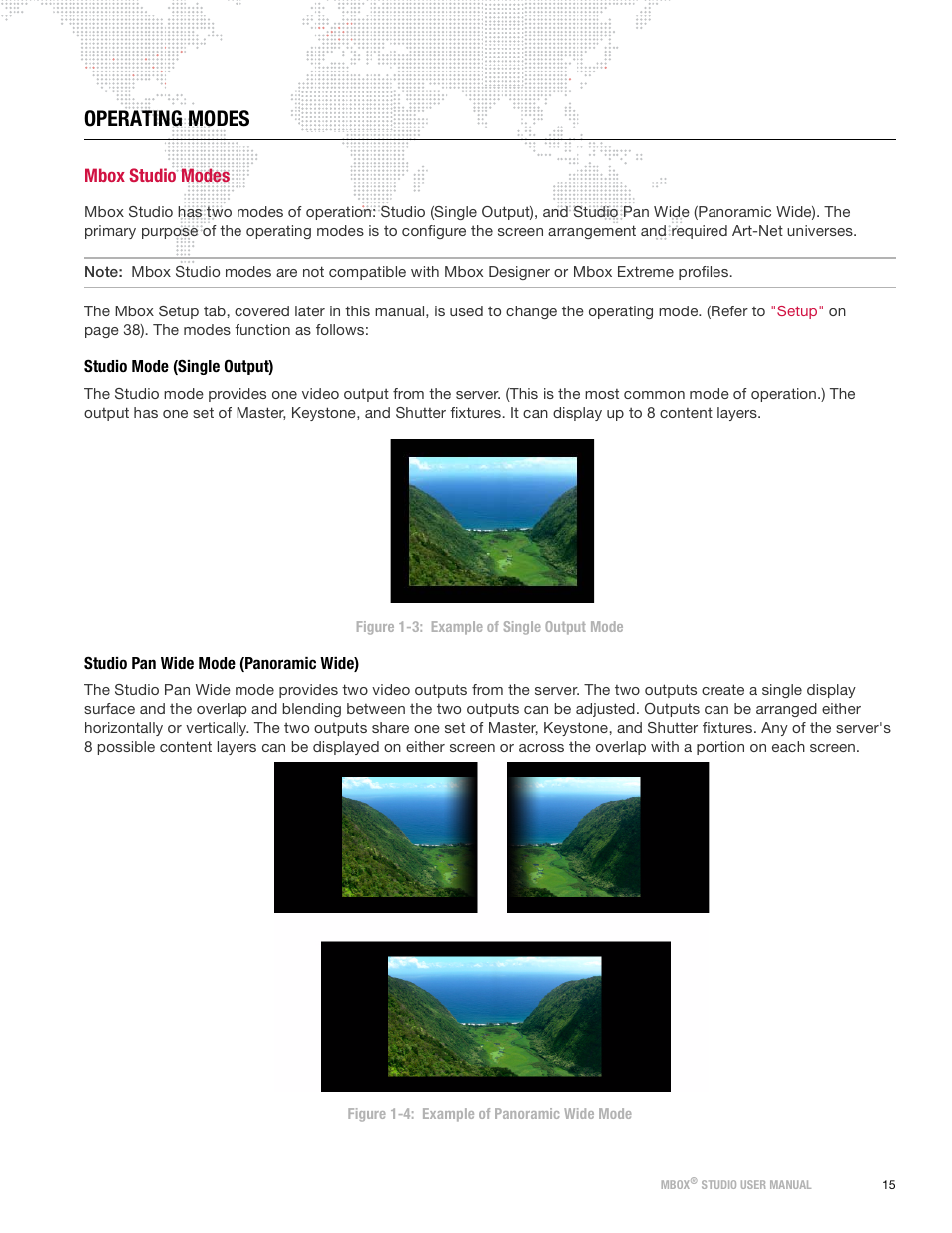 Operating modes, Mbox studio modes, Studio mode (single output) | Studio pan wide mode (panoramic wide) | PRG Mbox Studio Manual 3.9 User Manual | Page 23 / 158