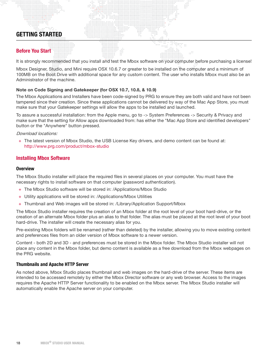 Getting started, Before you start, Installing mbox software | Overview, Thumbnails and apache http server, Before you start installing mbox software, Overview thumbnails and apache http server | PRG Mbox Studio Manual 3.9 User Manual | Page 26 / 158