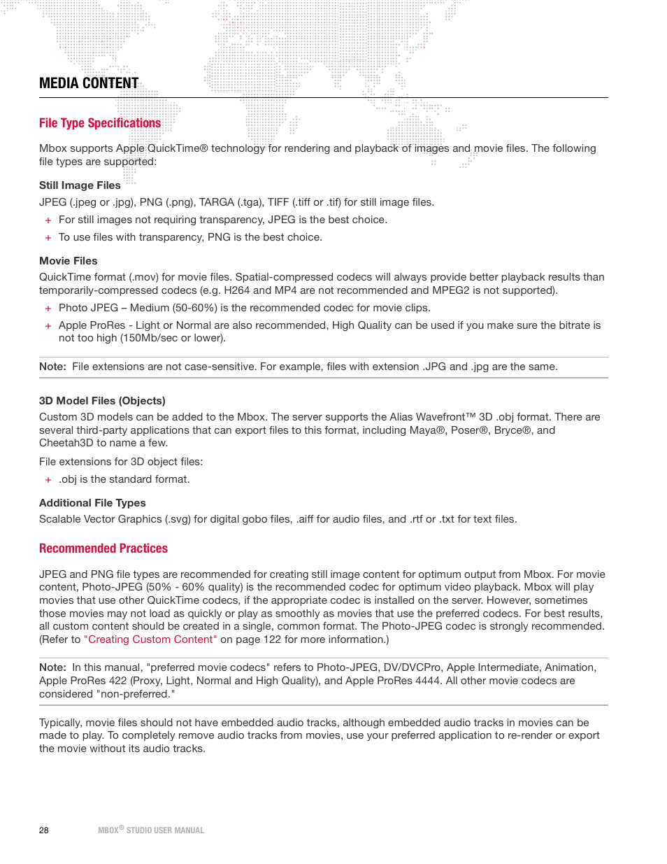 Media content, File type specifications, Recommended practices | File type specifications recommended practices | PRG Mbox Studio Manual 3.9 User Manual | Page 36 / 158