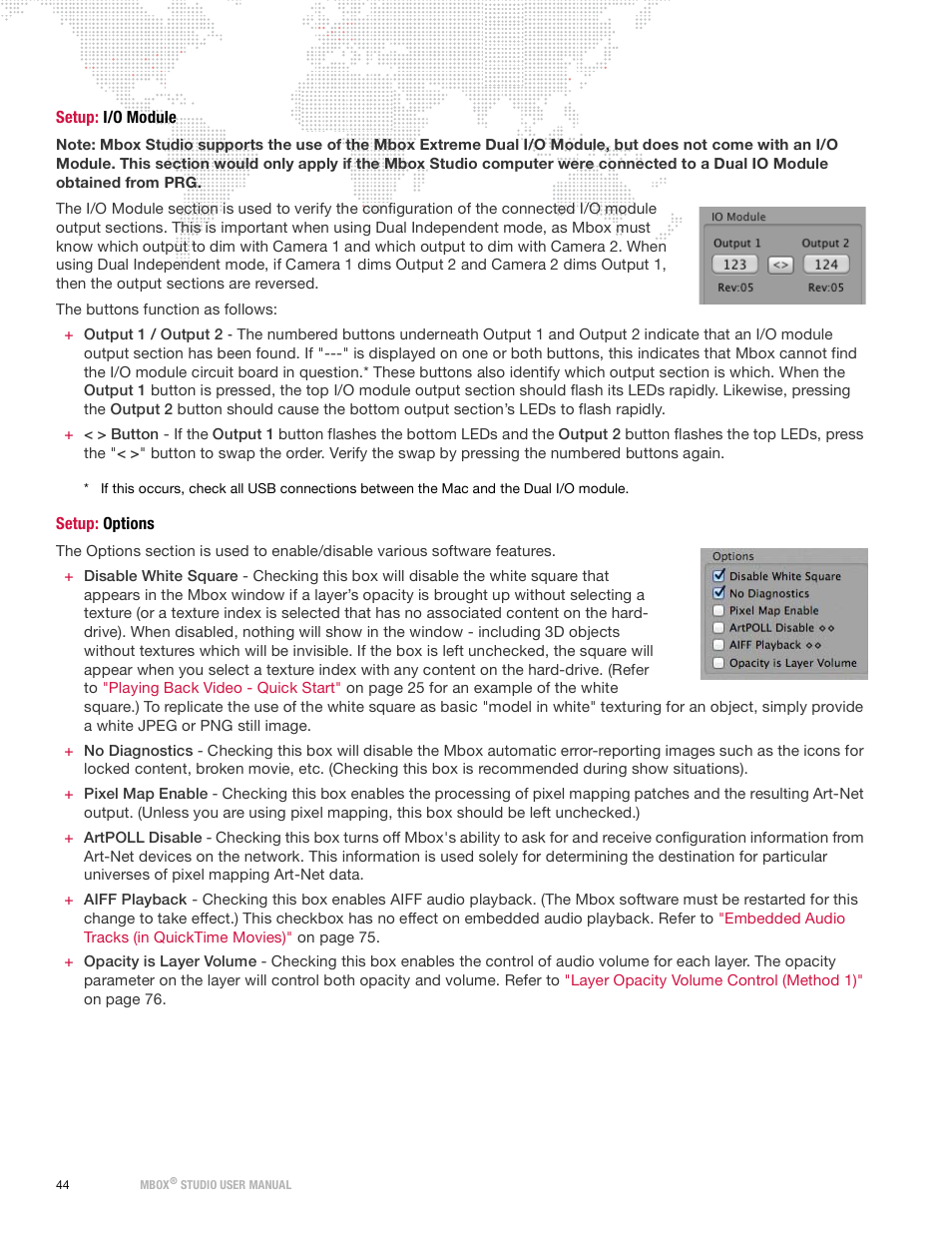Setup: i/o module, Setup: options, Setup: i/o module setup: options | PRG Mbox Studio Manual 3.9 User Manual | Page 52 / 158