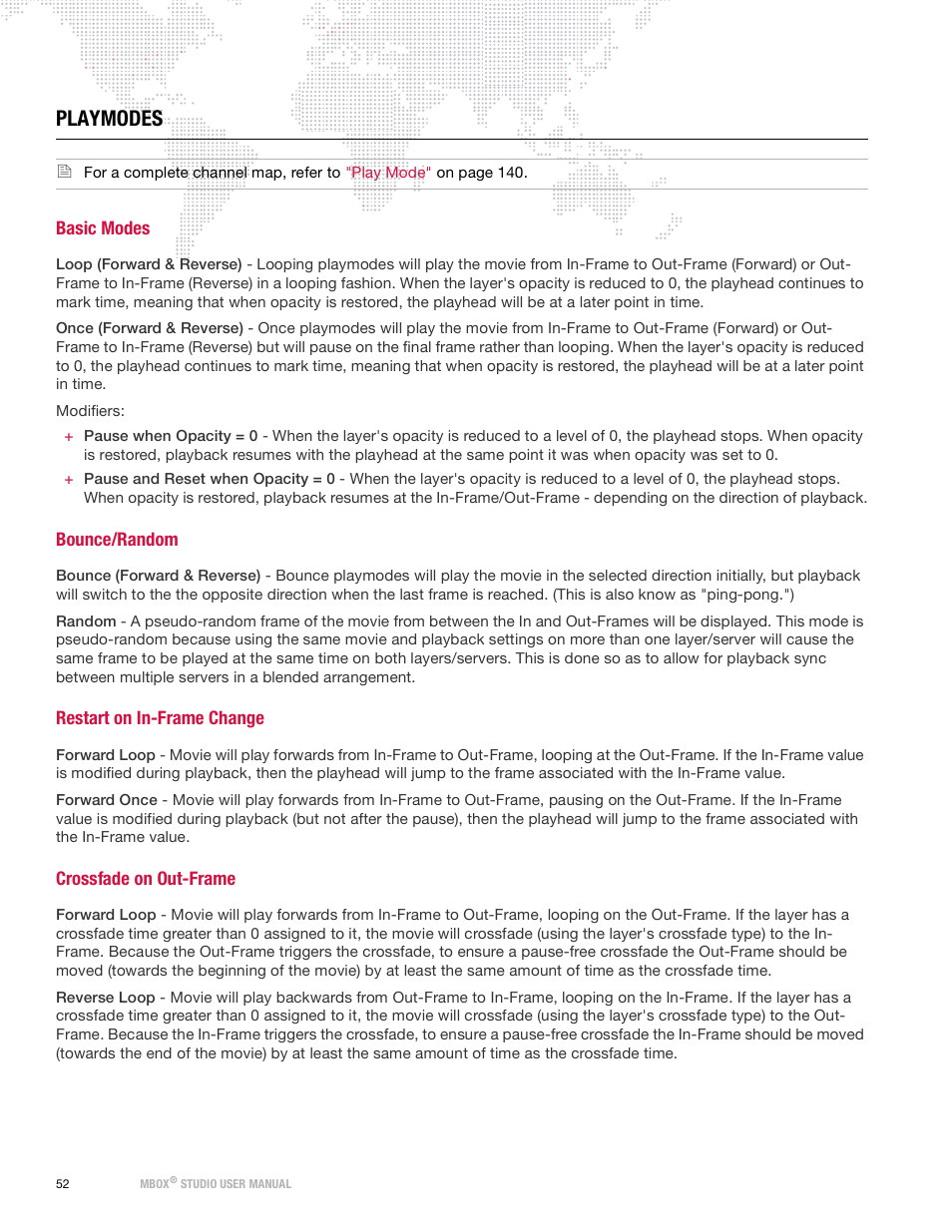 Playmodes, Basic modes, Bounce/random | Restart on in-frame change, Crossfade on out-frame | PRG Mbox Studio Manual 3.9 User Manual | Page 60 / 158