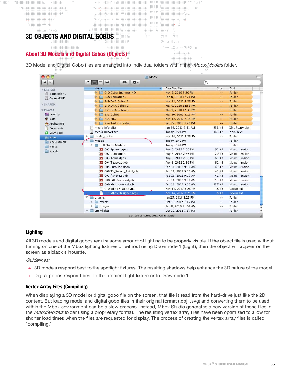 3d objects and digital gobos, About 3d models and digital gobos (objects), Lighting | Vertex array files (compiling), Lighting vertex array files (compiling) | PRG Mbox Studio Manual 3.9 User Manual | Page 63 / 158