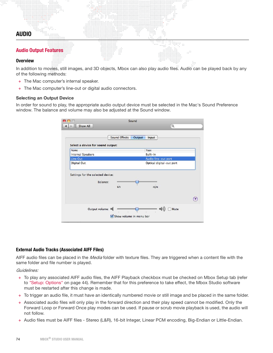 Audio, Audio output features, Overview | External audio tracks (associated aiff files) | PRG Mbox Studio Manual 3.9 User Manual | Page 82 / 158