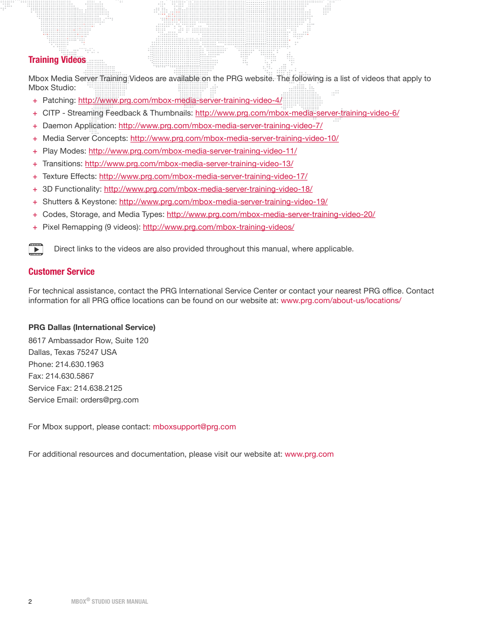 Training videos, Customer service, Training videos customer service | PRG Mbox Studio Manual 3.8 User Manual | Page 10 / 194