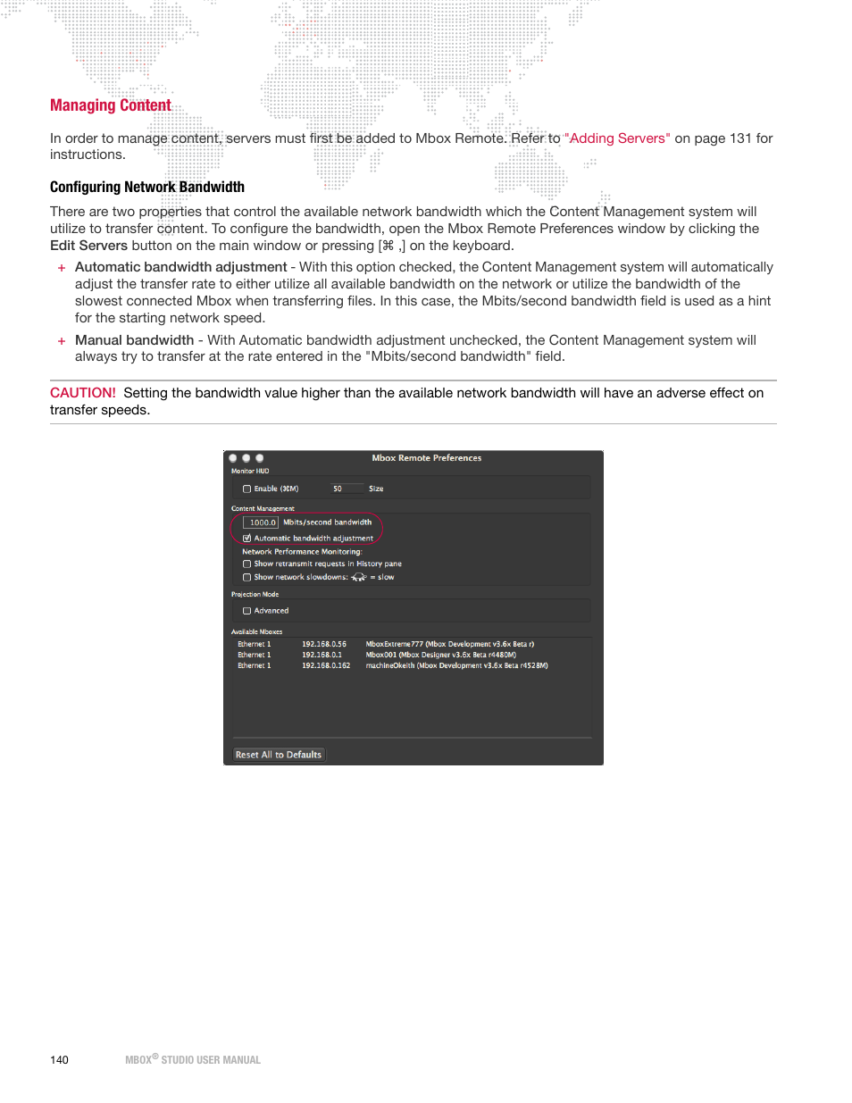 Managing content, Configuring network bandwidth | PRG Mbox Studio Manual 3.8 User Manual | Page 148 / 194