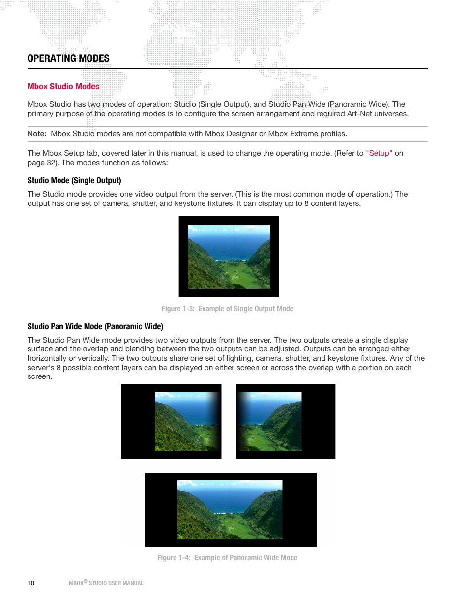 Operating modes, Mbox studio modes, Studio mode (single output) | Studio pan wide mode (panoramic wide) | PRG Mbox Studio Manual 3.8 User Manual | Page 18 / 194