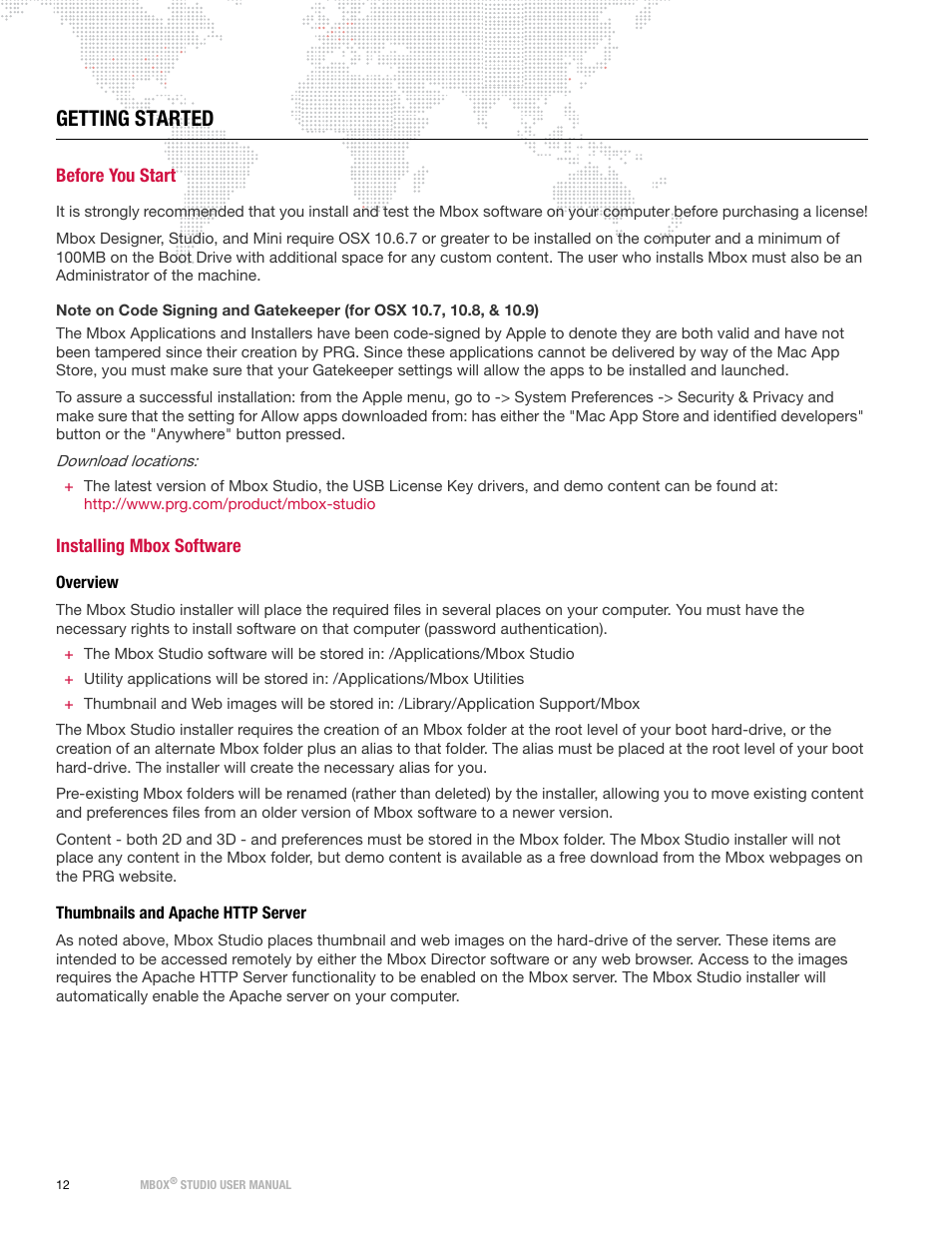 Getting started, Before you start, Installing mbox software | Overview, Thumbnails and apache http server, Before you start installing mbox software, Overview thumbnails and apache http server | PRG Mbox Studio Manual 3.8 User Manual | Page 20 / 194