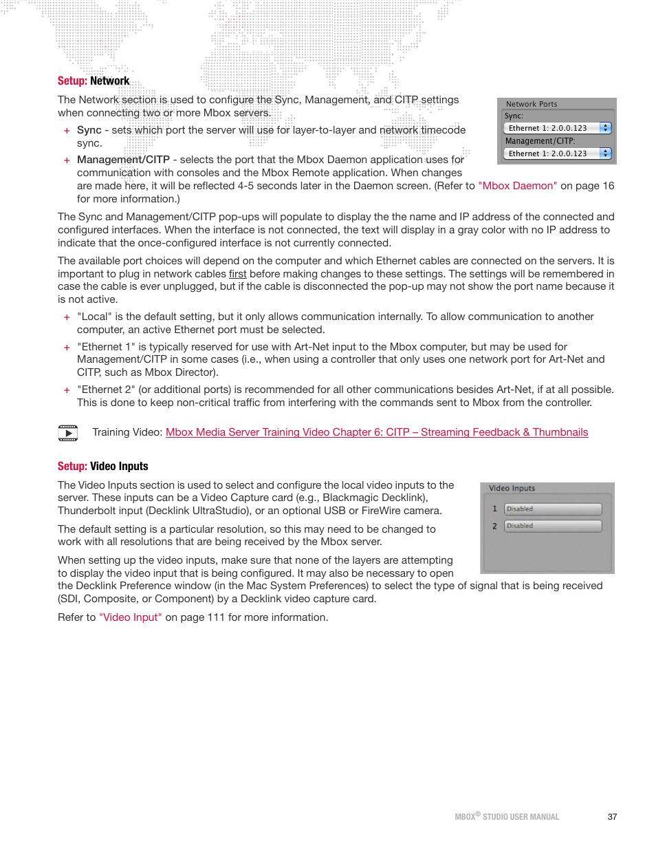Setup: network, Setup: video inputs, Setup: network setup: video inputs | PRG Mbox Studio Manual 3.8 User Manual | Page 45 / 194