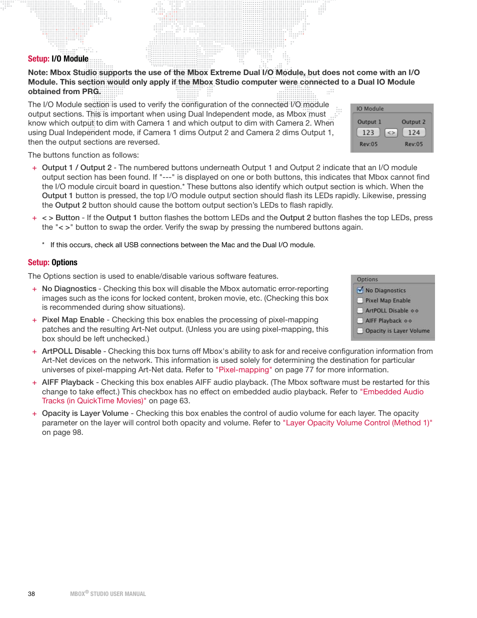 Setup: i/o module, Setup: options, Setup: i/o module setup: options | PRG Mbox Studio Manual 3.8 User Manual | Page 46 / 194