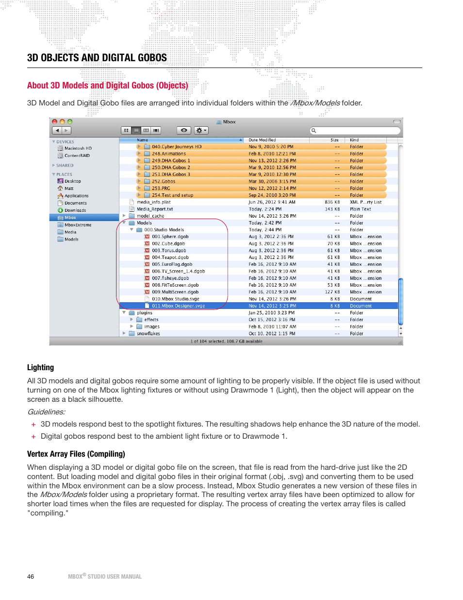 3d objects and digital gobos, About 3d models and digital gobos (objects), Lighting | Vertex array files (compiling), Lighting vertex array files (compiling) | PRG Mbox Studio Manual 3.8 User Manual | Page 54 / 194