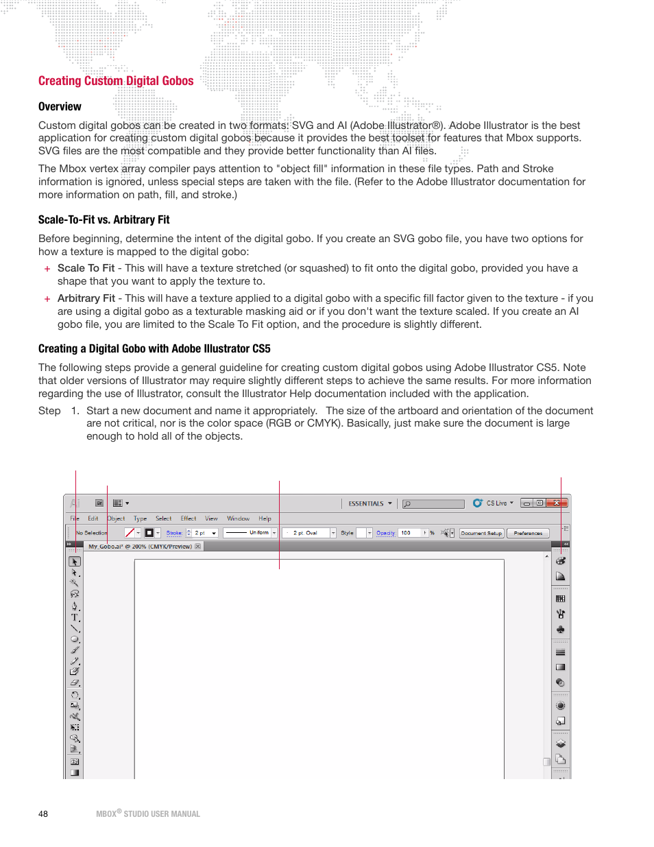 Creating custom digital gobos, Overview, Scale-to-fit vs. arbitrary fit | Creating a digital gobo with adobe illustrator cs5 | PRG Mbox Studio Manual 3.8 User Manual | Page 56 / 194